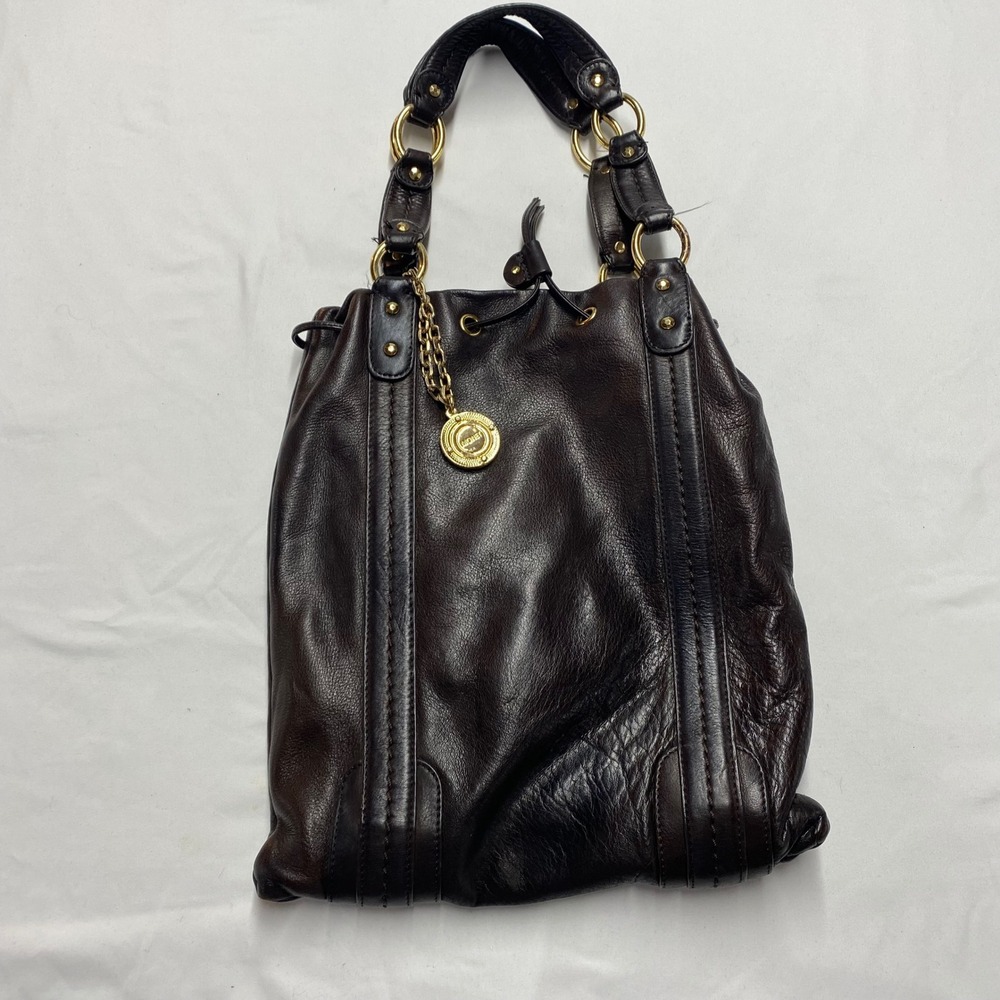 Monet Dark Brown Cow Leather Bucket Bag Drawstring Hobo Gold Hardware Charm